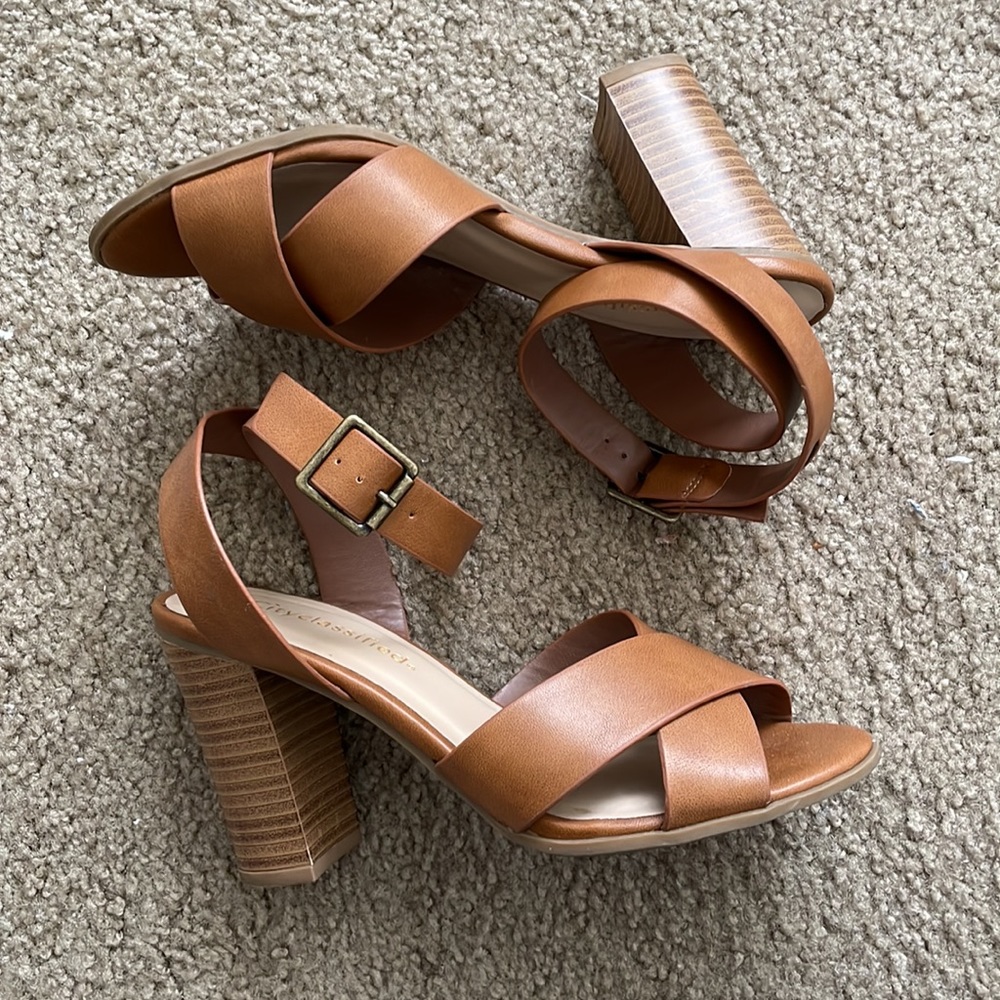Cross ankle open toe heels